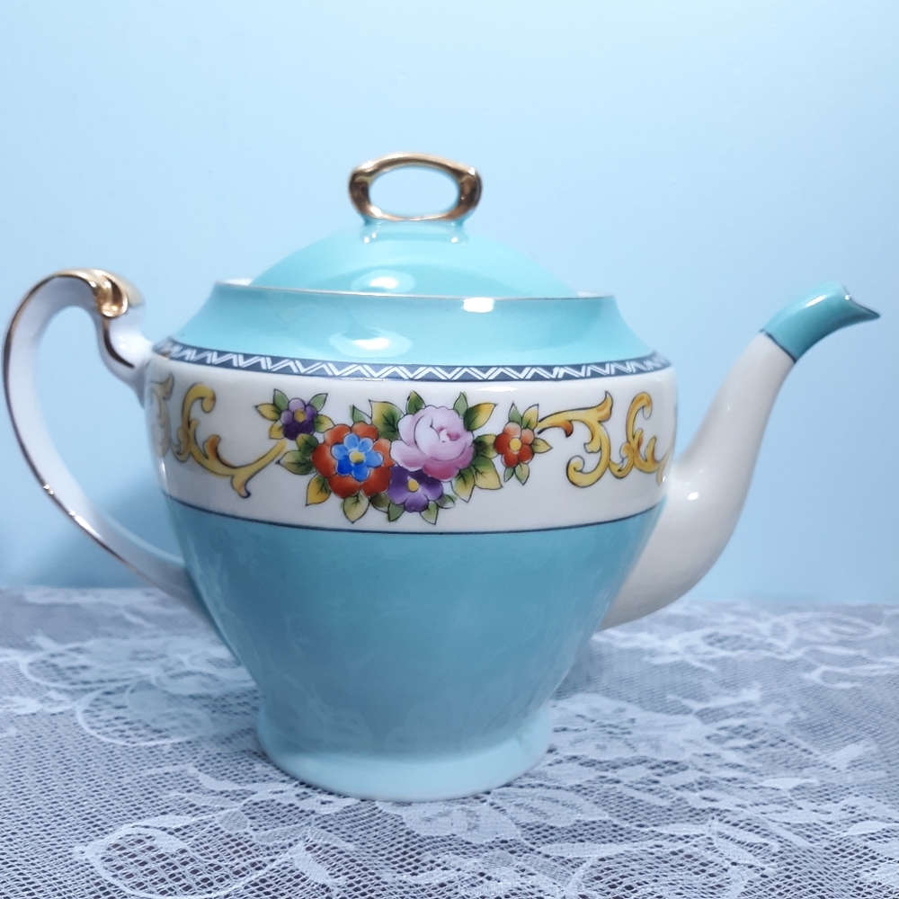 Antique Ca 1920 Noritake Teapot Turquoise Blue Floral Roses White Gold Vintage - Picture 3 of 13
